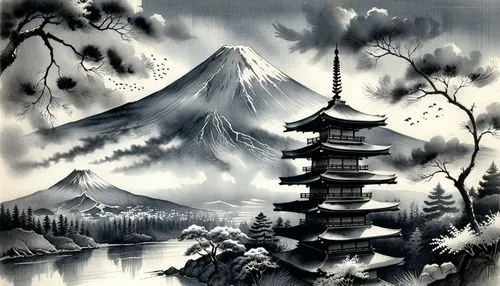 Mount Fuji and Pagoda,oriental pagoda in black and white po by a lake,japanese art,oriental painting,mountain scene,khokhloma painting,kamiizumi,masashige,Illustration,Paper based,Paper Based 30