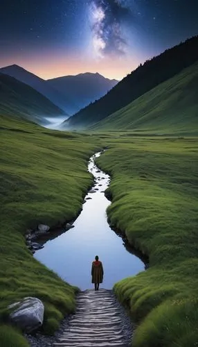 The scene opens with a vast, sweeping landscape where the days are long and the nights cold. A lone traveler is seen standing at the edge of a swiftly flowing river, its waters reflecting the pale lig