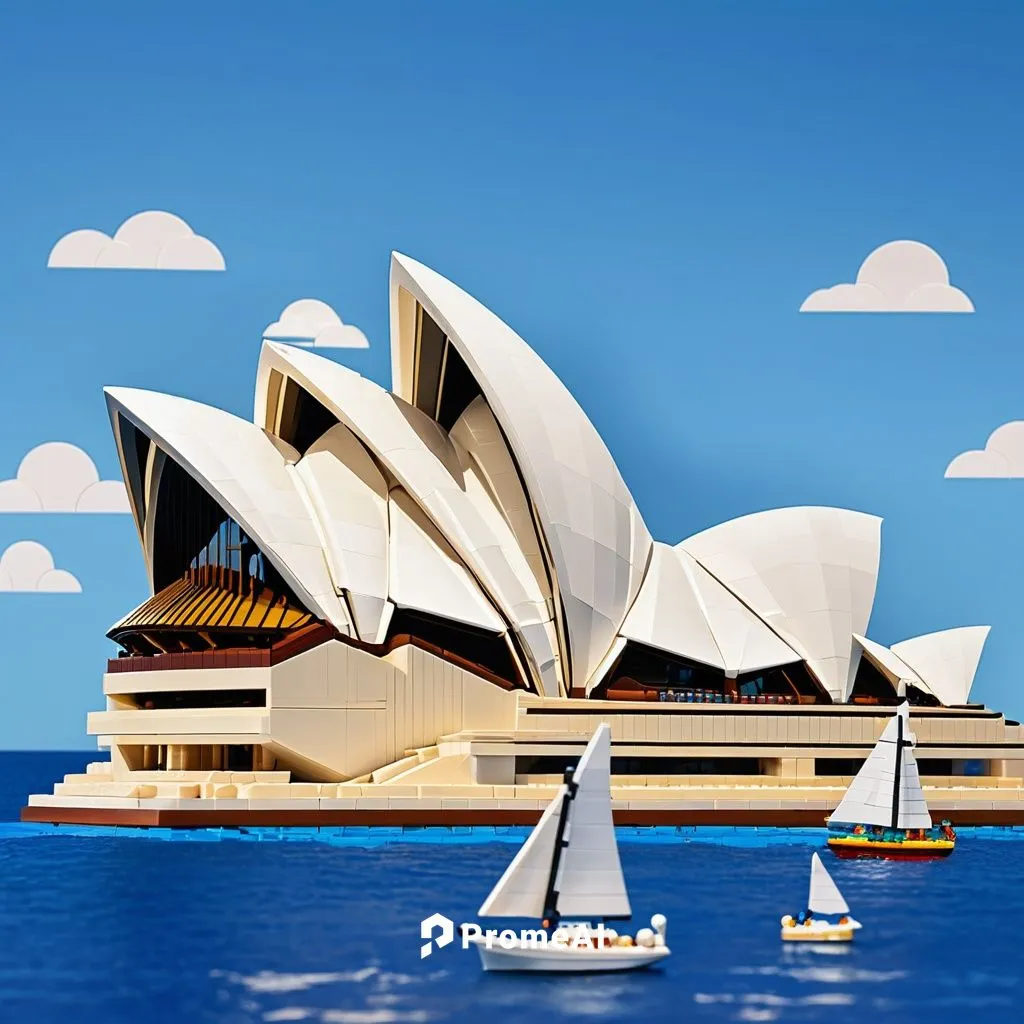 Sydney Opera House, Lego architecture, iconic building, white ceramic tiles, series of interlocking arches, dramatic harbor views, sunny day, blue sky, sailboats in the background, majestic staircase,