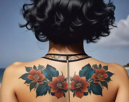 a back view of a woman with flower tattoo on her back,lotus tattoo,tattoo girl,body art,body painting,with tattoo,bodypainting