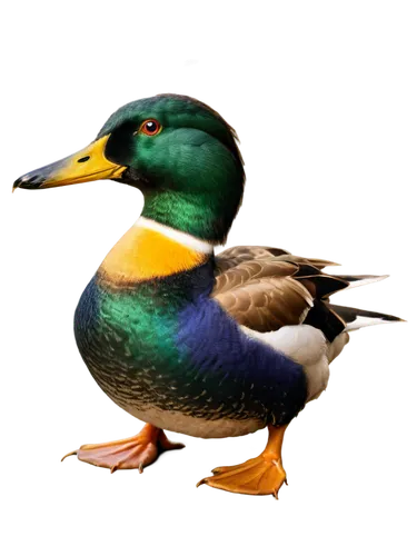 Mallard duck, adult, male, solo, vibrant green head, yellow bill, brown body, white collar, feather texture, soft lighting, 3/4 composition, shallow depth of field, warm color tone, cinematic lighting