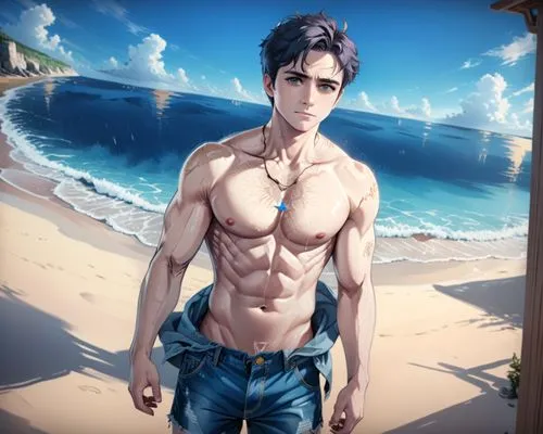 Jeremy Allen White, shirtless,a young man wearing shorts on the beach,beach background,joestar,lanikai,sousuke,jean,eren,Anime,Anime,General