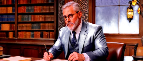 Author, mature man, bespectacled, white beard, grey hair, suit, tie, holding pen, sitting at desk, leather chair, bookshelf background, warm lighting, 3/4 composition, shallow depth of field, realisti