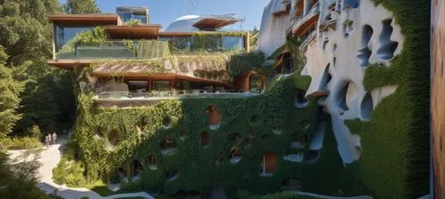 biospheres,earthship,ecotopia,fallingwater,seidler,garden design sydney,archigram,terraformed,ecovillages,landscape design sydney,arcology,gehry,futuristic architecture,hotel w barcelona,cube stilt houses,climbing garden,ecovillage,hanging houses,3d rendering,urban design,Photography,General,Realistic