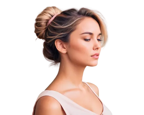 Windy hair, flowing strands, messy bun, few loose strands framing face, soft focus, warm light, pastel colors, simple background, close-up shot, 1/2 composition, shallow depth of field, gentle express