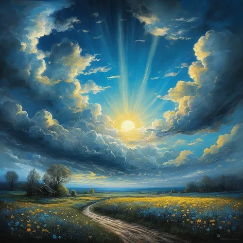 landscape background,sunburst background,meadow landscape,bright sun,fantasy picture,fantasy landscape,sunrays,rays of the sun,dandelion field,sun through the clouds,sun in the clouds,sunray,high landscape,world digital painting,fantasy art,dandelion meadow,sun ray,sun rays,atmosphere sunrise sunrise,evening atmosphere,Illustration,Abstract Fantasy,Abstract Fantasy 01