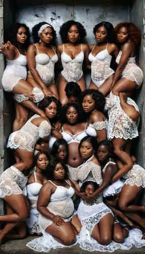 Photography of a big and massively group of african women in lace bodies, piled on top of each other in a big mess in the limited space. In front of the women is a dark concrete doorway from which eme