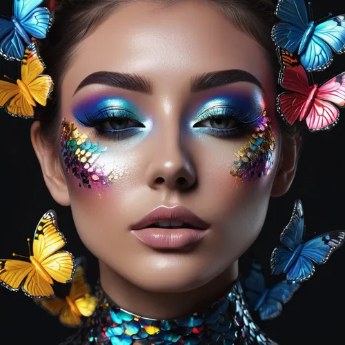 Face closeup, super cute trendy girl, makeup model, creative makeup, magazine cover, maestro, abstract, metalic eyeshadow, butterfly shape eyeshadow, eyes closed, holographic, black background, photo 