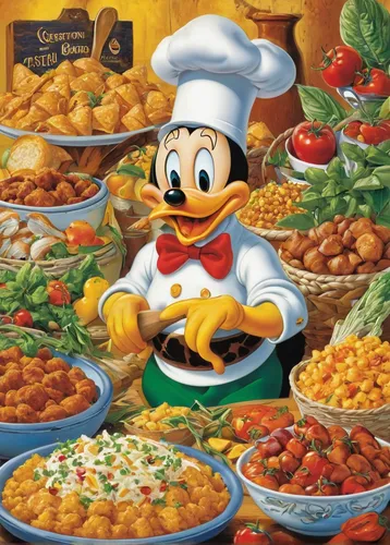 sicilian cuisine,cuisine classique,italian cuisine,donald duck,donald,cuisine,restaurants online,chef,italian food,fry ducks,food icons,portuguese food,spanish cuisine,micky mouse,mickey mause,epcot center,jewish cuisine,gastronomy,frozen food,placemat,Illustration,Retro,Retro 18