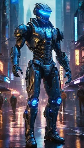 Cyberpunk cityscape, Borg-inspired robotic character, glowing blue circuits, mechanical limbs, futuristic helmet with visor, intricate metallic details, neon lights reflecting off wet pavement, toweri