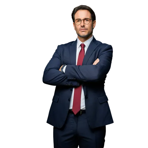 Lawyer, mature man, solo, (40yo), confident expression, glasses, dark hair, suit, white shirt, tie, hands clasped, standing, realistic, cinematic lighting, 3/4 composition, shallow depth of field, pro