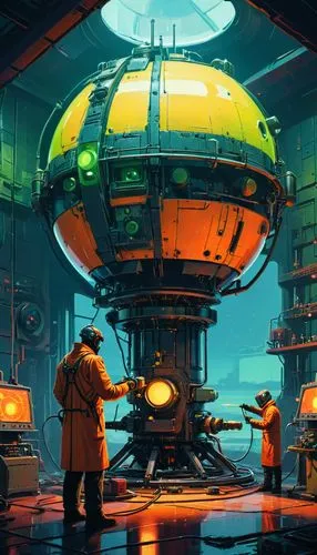 Horizon style, cyberpunk style, retro-futuristic, by Simon Stalenhag, {scientist assembles a compact nuclear reactor in the laboratory. perfect hands, perfect anatomy} . vintage sci-fi, 50s and 60s st