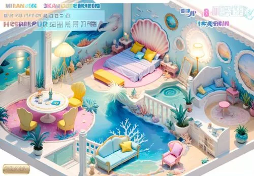 Ocean inspired bedroom, shell formed bed, pastel blue pink yellow,the blue and yellow room features shells, a couch and a lamp,baby room,babyland,kids room,the little girl's room,room newborn,dreamhou