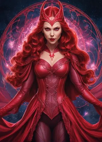 scarlet witch,darth talon,red super hero,fantasy woman,red,wanda,goddess of justice,firestar,fantasia,cg artwork,evil woman,devil,the enchantress,red chief,starfire,star mother,fiery,avenger,solar,sorceress,Illustration,Realistic Fantasy,Realistic Fantasy 02