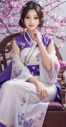 beautiful young woman 19 years old wearing China traditional costume in purples plus violet color, big boobs, head and chin look down, short neck,  happy face, smiling,  laying on chair  Elegantly Lik