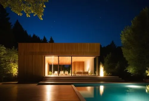 glass woodpanelling steps sunlight summer landscape pavilion  spotlight night view young girl walking around pool garden trees,pool house,summer house,modern house,corten steel,mahdavi,bohlin,minotti,