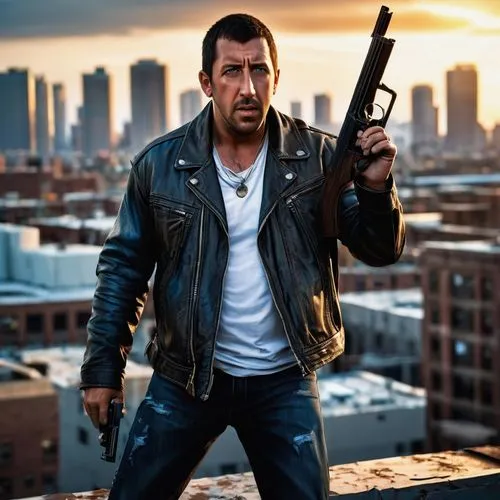 Adam Sandler, action hero, muscular physique, messy brown hair, bright blue eyes, rugged facial features, worn leather jacket, white tank top, ripped jeans, black boots, holding a gun, intense express