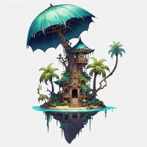 floating islands,floating island,island suspended,stilt house,tree house,treehouse,Illustration,Abstract Fantasy,Abstract Fantasy 11