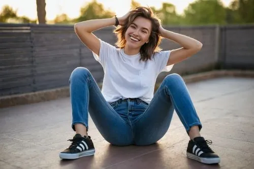 jeans background,woman free skating,girl sitting,high jeans,relaxed young girl,laughing tip,jeans,woman sitting,a girl's smile,female model,ripped jeans,denims,women clothes,girl in t-shirt,jeans pattern,skinny jeans,cross-legged,roller skating,skater,woman's legs,Illustration,Realistic Fantasy,Realistic Fantasy 41