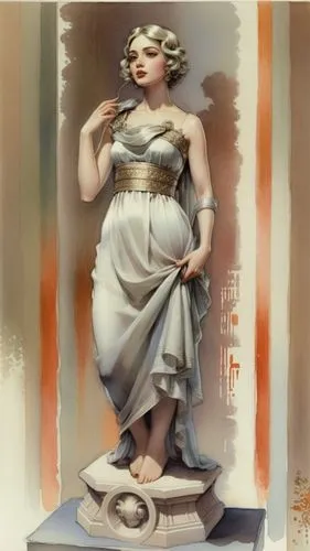 greek woman, short hair, big lips, big eyes, thick silk fabric, ornate column,paper based drawing 29, greek woman,art deco woman,messalina,hippolyta,leyendecker,clytemnestra,canova,Illustration,Paper 