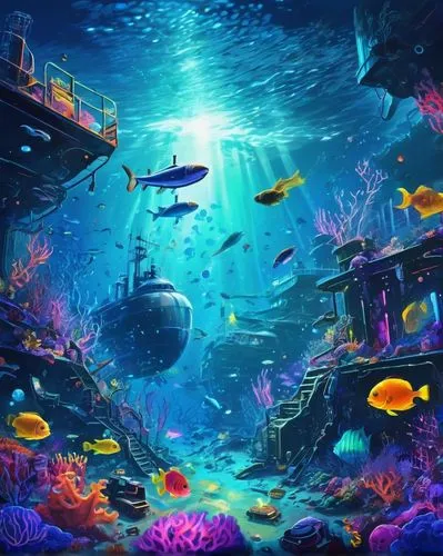 Underwater scene, AI-generated artwork, futuristic oceanic landscape, glowing blue neon lights, robotic fish swimming in the distance, coral reef, seaweed swaying gently, schools of bioluminescent fis