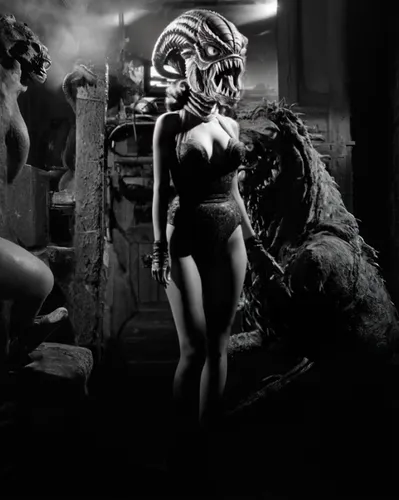 Film screencap of Sil from Species in the style of a 1950s B-movie monster, in the style of Paul Blaisdell, Roger Corman, AIP, NSFW, clawed feet, HR Giger,jane russell-female,jane russell,gorgon,tura 