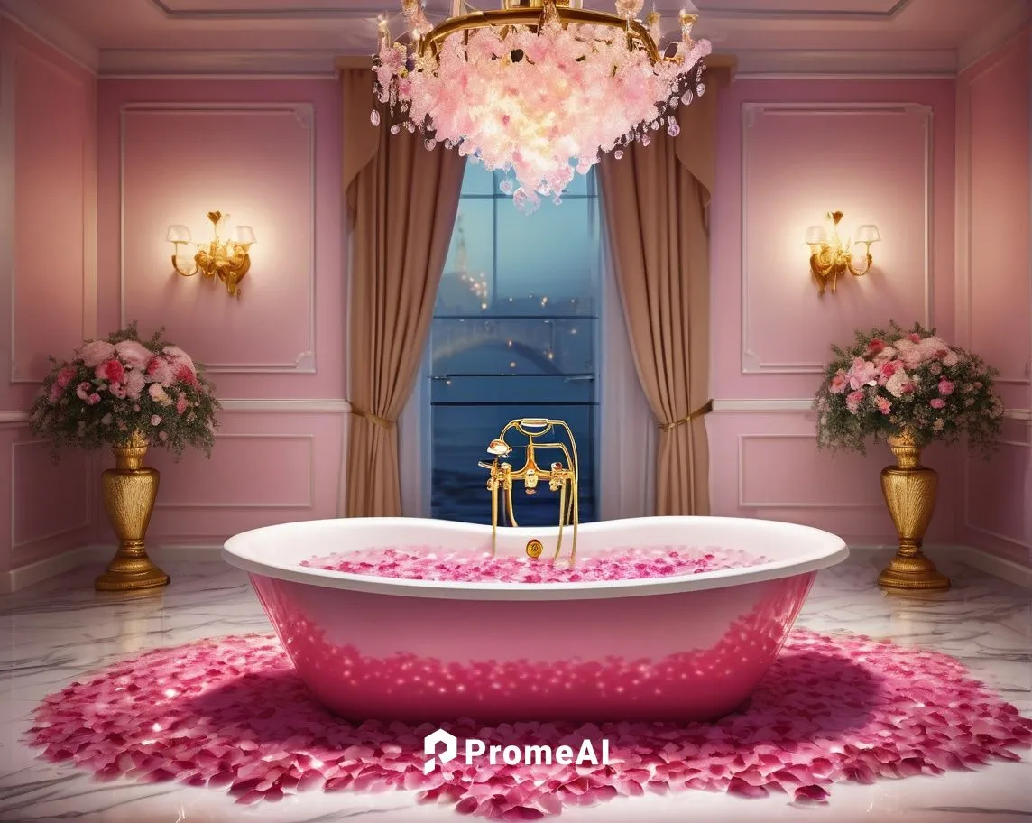 Pink heart-shaped bathtub, luxurious bathroom, white marble floor, Victorian-style golden faucet, crystal chandelier, flower petals floating on water surface, soft pink lighting, warm steam rising, ge