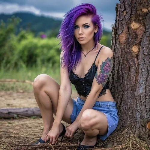 ashlee,leela,perched on a log,blue hair,purple skin,kadee,Photography,General,Realistic