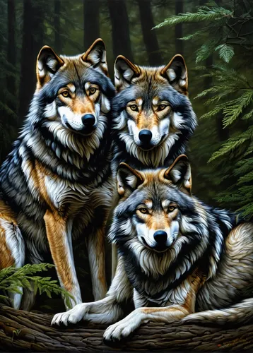 wolves,wolf pack,huskies,wolf couple,canines,two wolves,werewolves,woodland animals,canis lupus,three dogs,canidae,gray wolf,wolf hunting,forest animals,european wolf,oil painting on canvas,red wolf,wolfdog,wolwedans,howling wolf,Illustration,Realistic Fantasy,Realistic Fantasy 22