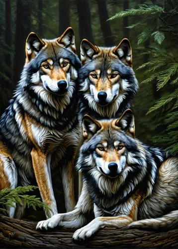 Grey Wolves | Wallhanging by Ute Bartels | Artists for Conservation 2019,wolves,wolf pack,huskies,wolf couple,canines,two wolves,werewolves,woodland animals,canis lupus,three dogs,canidae,gray wolf,wo