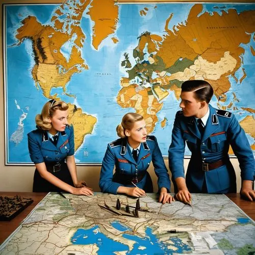 Two young 24 yearsa old blonde, black and brown haired German Luftwaffe "Blitz Mädel",  Assistants to the German Luftwaffe Commander in mid-blue German Luftwaffe uniforms, black boots, working in a Si