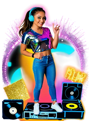 Pixbay music, DJ girl, headphones, microphone, stage lights, sparkling eyes, ponytail hair, bold eyeliner, sequin top, high-waisted jeans, sneakers, vinyl records, turntable, colorful LED lights, dyna