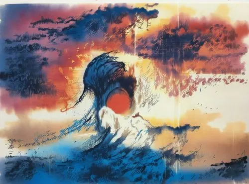 abstract painting showing sunset with strong waves,watercolor paint strokes,abstract watercolor,watercolor mermaid,mermaid silhouette,samuil,watercolor blue,sundancer,blue painting,watercolor backgrou