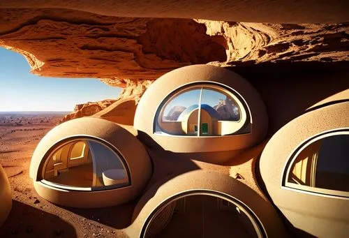 tunnels made of glass with futuristic houses inside, mars landscape,roof domes,wadirum,futuristic architecture,capsule hotel,timna park,futuristic landscape,moon valley,wadi rum,teardrop camper,sky sp