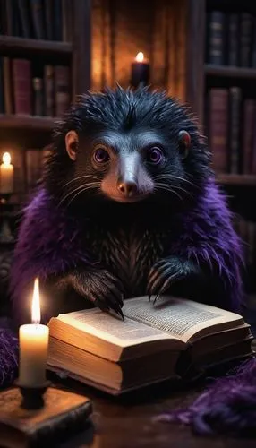 reading owl,candle wick,purple rizantém,scholar,marmoset,magic grimoire,splinter,anthropomorphized animals,candlemaker,opossum,magic book,szymbark,common opossum,hedgehog,virginia opossum,saguinus oedipus,author,a candle,librarian,poet,Illustration,Realistic Fantasy,Realistic Fantasy 45