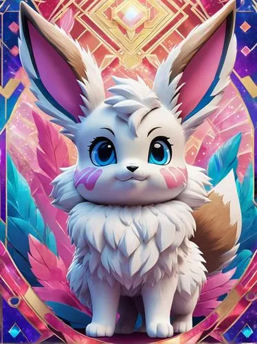 Eevee, Pokémon, official art, cute expression, blue eyes, fluffy fur, white chest, pink ears, bushy tail, standing pose, front view, vibrant colors, detailed texture, soft lighting, fantasy background