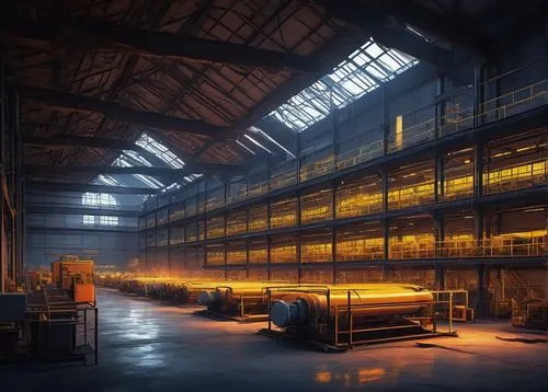 industrial factory, modern architecture, steel frame structure, large windows, metal roofing, concrete floors, pipes and ducts exposed, minimal interior decor, fluorescent lighting, rows of machinery,