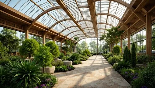 Vibrant greenhouse interior, lush greenery, tropical plants, natural stone flooring, wooden beams, curved glass roofs, clerestory windows, skylights, solar tubes, diffused lighting, soft warm ambiance