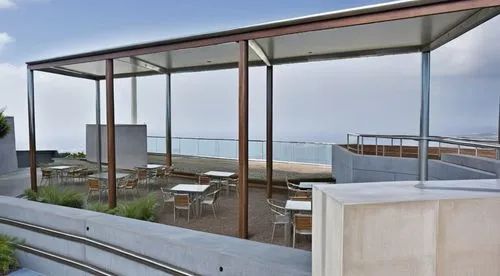 Stainless steel handrails, Corten steel metal pillars, dark wood deck, tall vegetation, Canary Island palm tree, exposed concrete cladding walls, Canary Island forest in the background, wooden and met