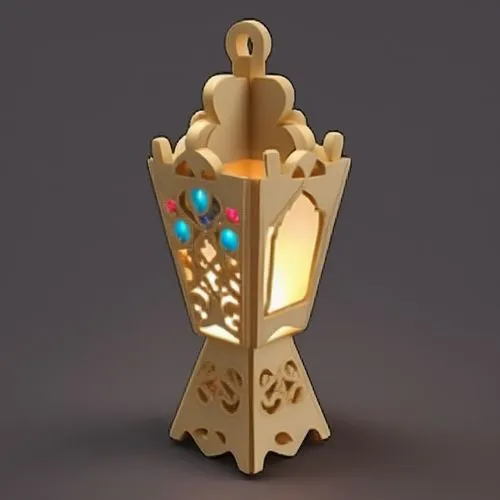 فانوس رمضان مزين بزخارف و الاحجار الجميلة,a decorative golden tealight candle holder with colorful lights,art deco ornament,oriental lantern,illuminated lantern,sconce,islamic lamps,medieval hourglass