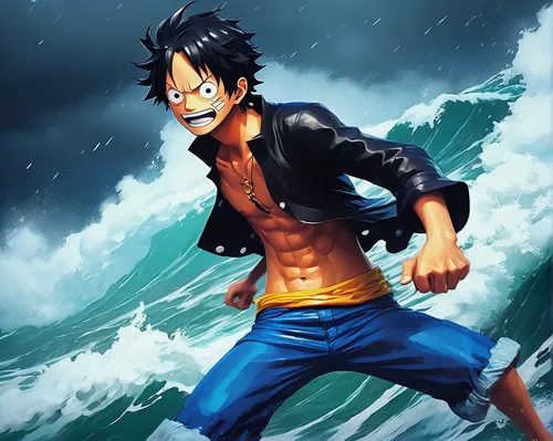 Create a dramatic artwork of One Piece in a stormy sea.,garp fish,onepiece,sea god,nine-tailed,god of the sea,sea man,fairy tail,sea water splash,underwater background,ocean background,anime 3d,kataku