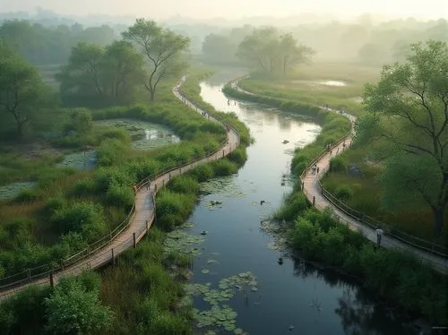 Wetland constructivism projects, successful case studies, aerial view, bird's eye perspective, lush green vegetation, winding waterways, serene natural ambiance, wooden boardwalks, observation decks, 