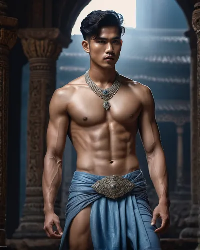 masterpiece, best quality, Portrait of ghostly young shirtless athletic Thai male model who embraces power and authority, vintagecore, ancient beauty, high-definition, high-end fashion, ambiguous atmo