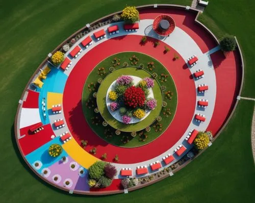 A spring restaurant full of flowers and bright colors. The tables are shaped like a Picnic rug, and the disc in the middle is a water space.,flower clock,dubai miracle garden,roundabout,mini golf cour