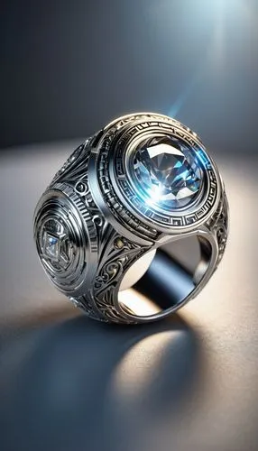 Silver futuristic ring emitting a high-tech glow, prominently featured on ArtStation, captured in a studio photo with sharp focus, intricate engravings caressed by precise lighting, Greg Rutkowski sty