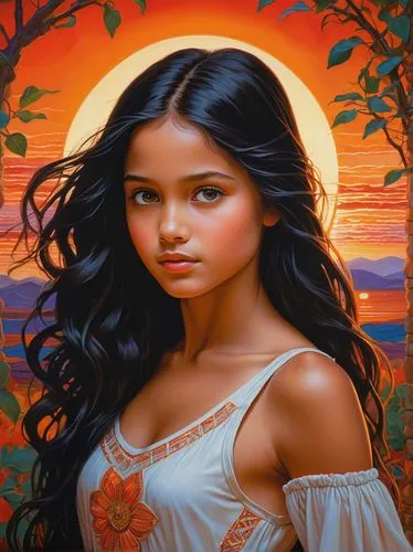 polynesian girl,mystical portrait of a girl,diwata,chicana,young girl,tretchikoff,Illustration,American Style,American Style 02