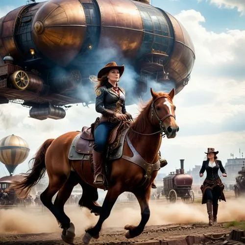 Ein cowgirl das auf einem Pferd gemächlich durch eine Steampunk Metropole reitet und hin und wieder ein paar Pasagier und Frachtzeppeline sowohl an den Landeplätzen als auch in der luft zu beobachten,