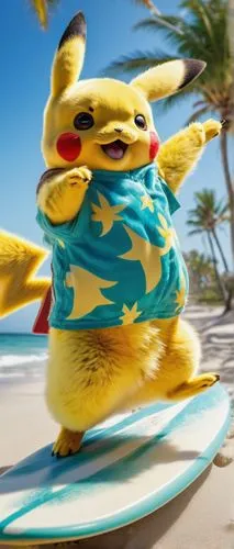 Pikachu, surfing, standing on surfboard, beach, sunny day, clear blue sky, palm trees, white sand, waves crashing, ocean spray, sea foam, tropical atmosphere, relaxed posture, happy expression, yellow