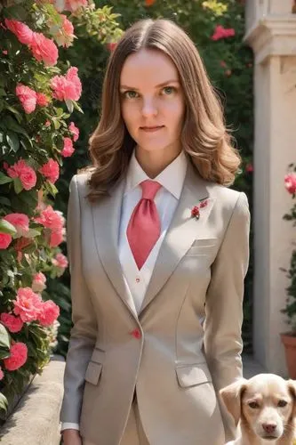 beauty with her dogs on a walk in a flowery park,king charles spaniel,picardy spaniel,canine rose,french spaniel,spaniel,business woman,shih tzu,businesswoman,cavalier king charles spaniel,girl with d