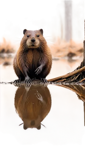 Beaver, semi-aquatic, brown fur, webbed hind legs, flat tail, busy working, construction scene, wooden dam, sticks and mud, morning mist, soft sunlight, panoramic view, shallow depth of field, warm co